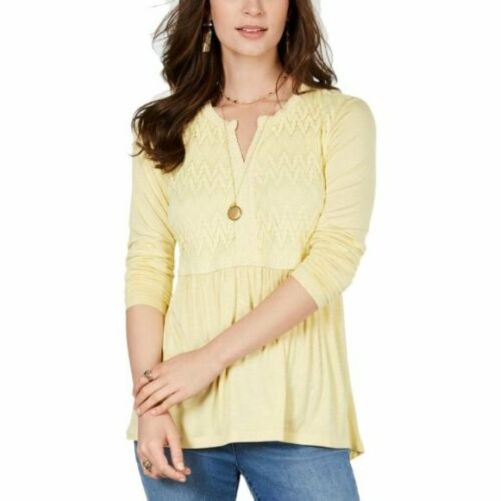 Women's Yellow Split Neck Crochet Bib Long Sleeve